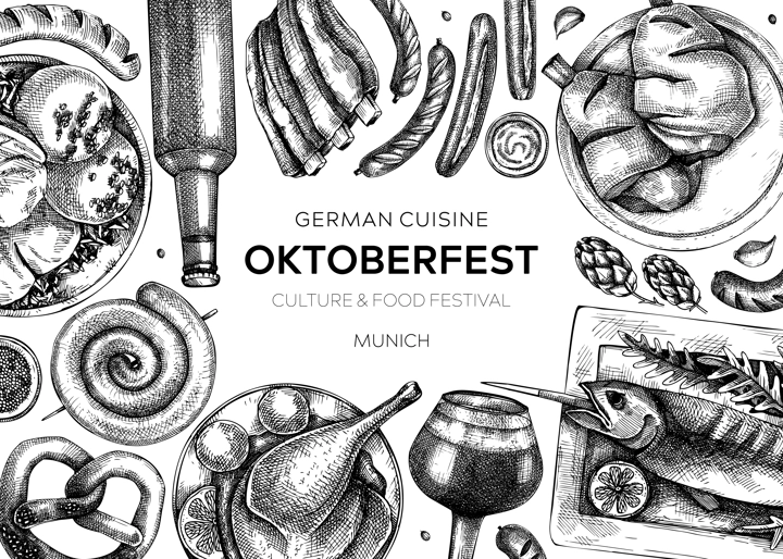 German food background. Oktoberfest menu design. Vector meat dishes sketches. German cuisine banner in vintage style. Traditional Food festival illustration. Black and white template